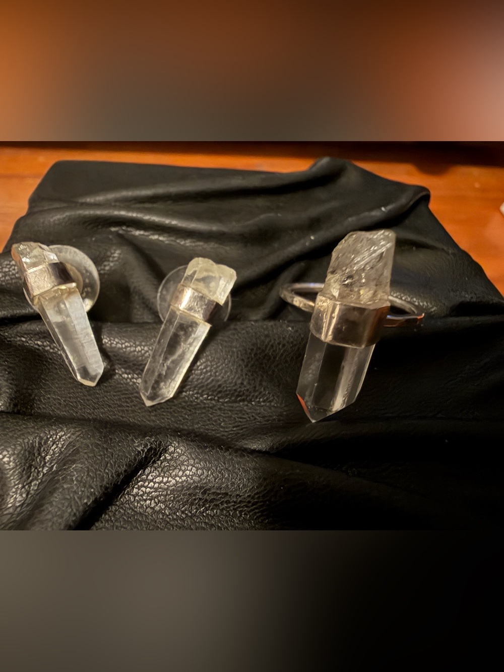 Quartz point sterling silver ring, matching earrings made by Kitty Stoykovich.